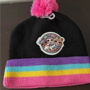 NWOT LOL Surprise Girl Black Beanie with Pink Pom and Colorful Stripes